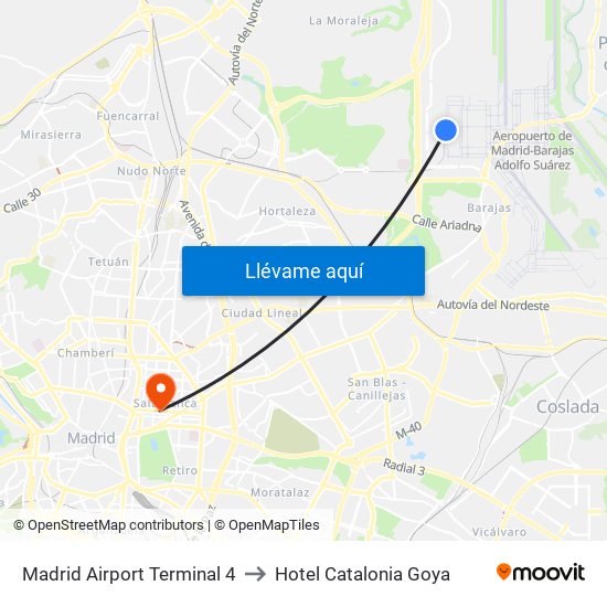 Madrid Airport Terminal 4 to Hotel Catalonia Goya map