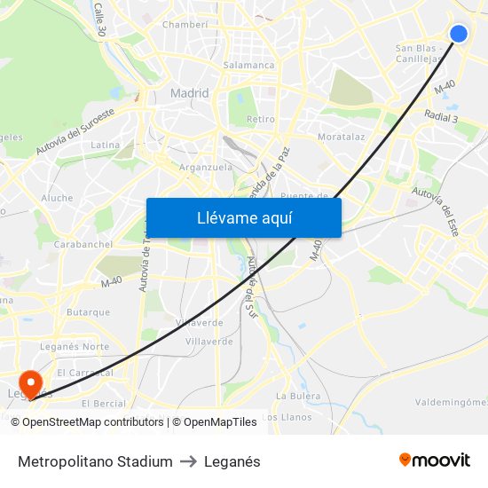 Metropolitano Stadium to Leganés map