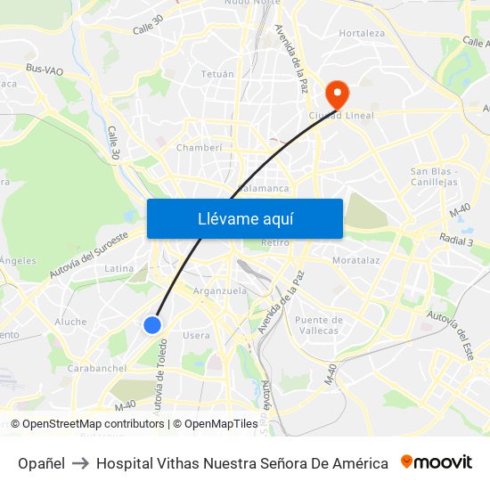 Opañel to Hospital Vithas Nuestra Señora De América map