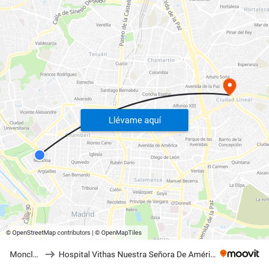 Moncloa to Hospital Vithas Nuestra Señora De América map