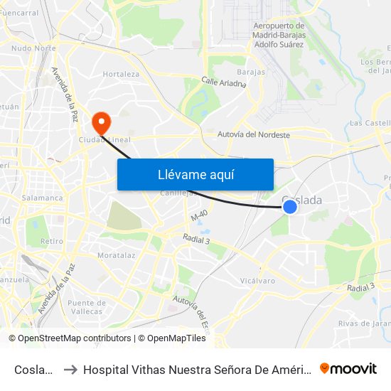 Coslada to Hospital Vithas Nuestra Señora De América map