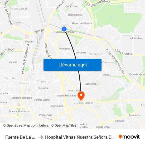 Fuente De La Mora to Hospital Vithas Nuestra Señora De América map