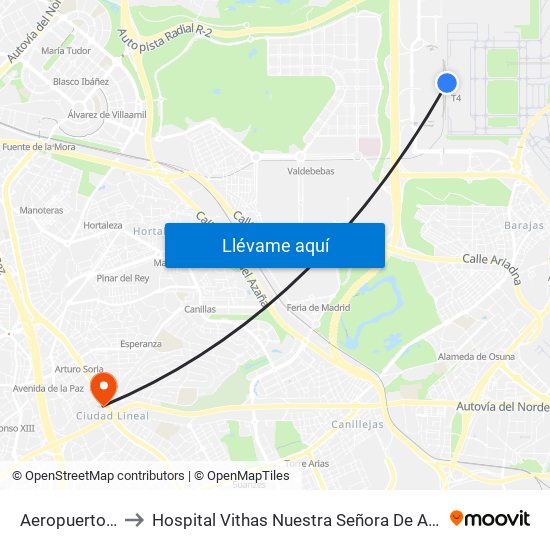 Aeropuerto T4 to Hospital Vithas Nuestra Señora De América map