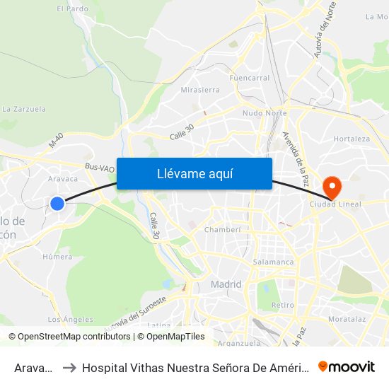 Aravaca to Hospital Vithas Nuestra Señora De América map