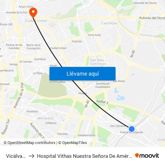 Vicálvaro to Hospital Vithas Nuestra Señora De América map
