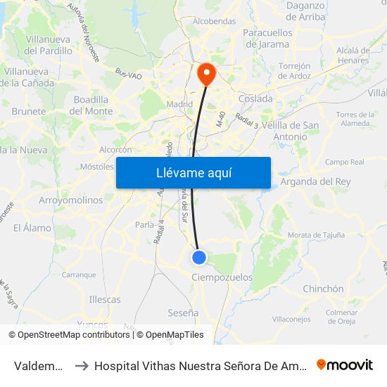 Valdemoro to Hospital Vithas Nuestra Señora De América map