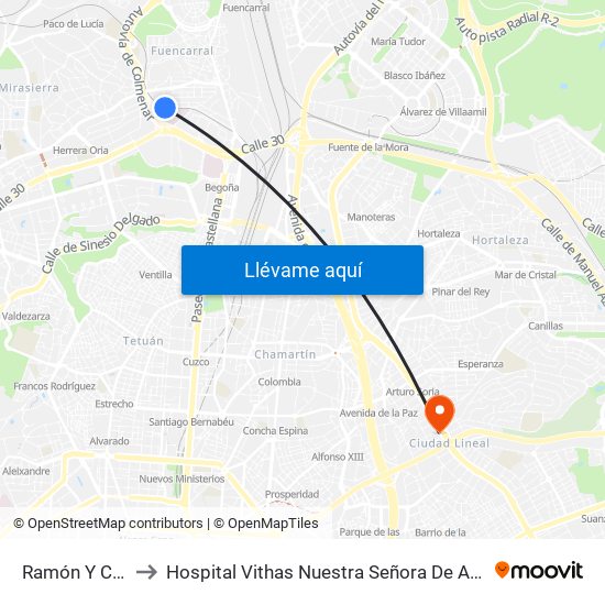 Ramón Y Cajal to Hospital Vithas Nuestra Señora De América map