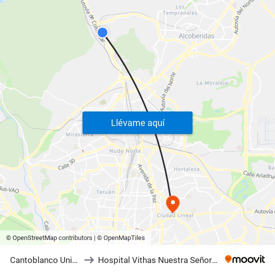Cantoblanco Universidad to Hospital Vithas Nuestra Señora De América map