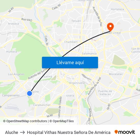 Aluche to Hospital Vithas Nuestra Señora De América map