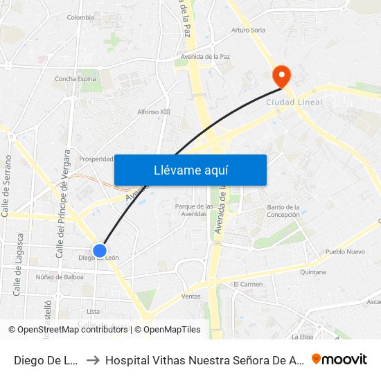 Diego De León to Hospital Vithas Nuestra Señora De América map