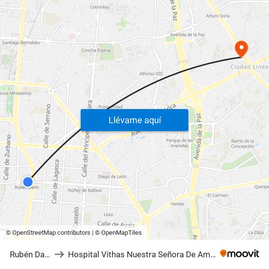 Rubén Darío to Hospital Vithas Nuestra Señora De América map