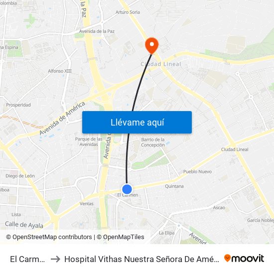 El Carmen to Hospital Vithas Nuestra Señora De América map