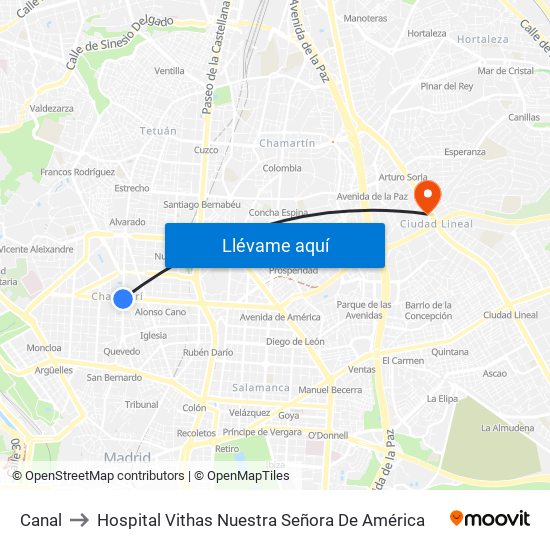Canal to Hospital Vithas Nuestra Señora De América map