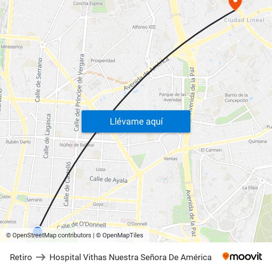 Retiro to Hospital Vithas Nuestra Señora De América map