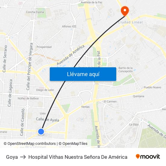 Goya to Hospital Vithas Nuestra Señora De América map
