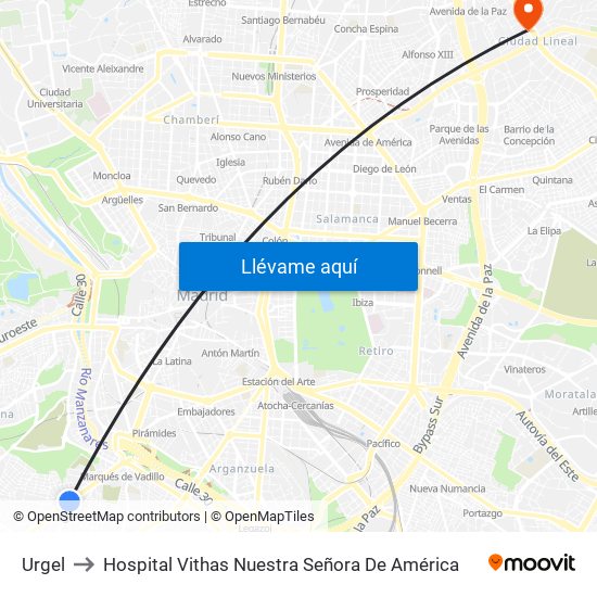 Urgel to Hospital Vithas Nuestra Señora De América map