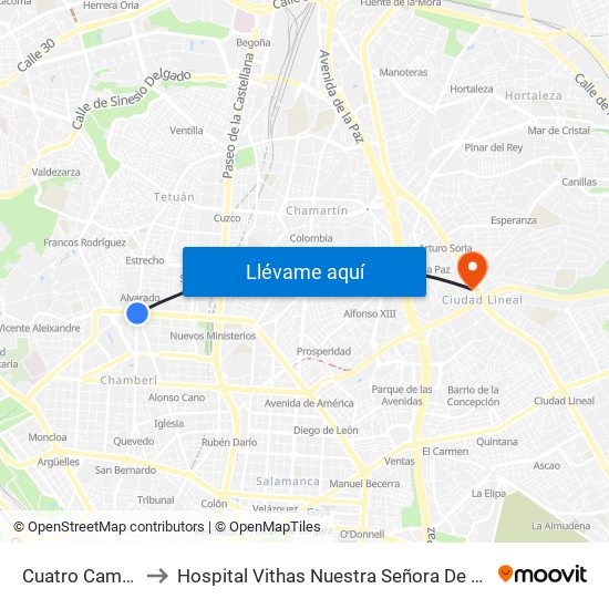 Cuatro Caminos to Hospital Vithas Nuestra Señora De América map