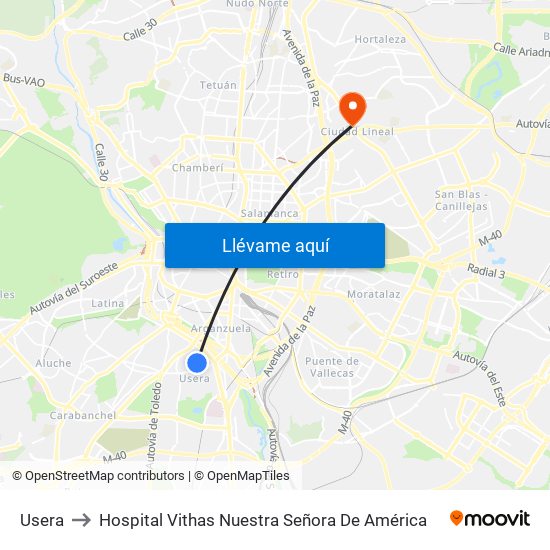 Usera to Hospital Vithas Nuestra Señora De América map
