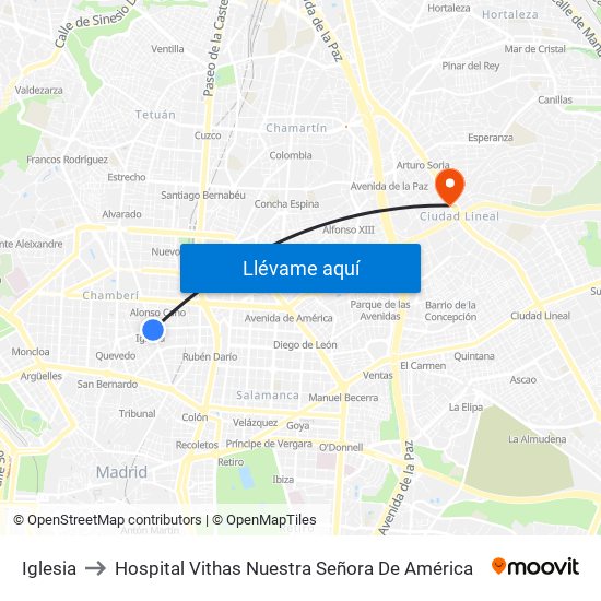 Iglesia to Hospital Vithas Nuestra Señora De América map
