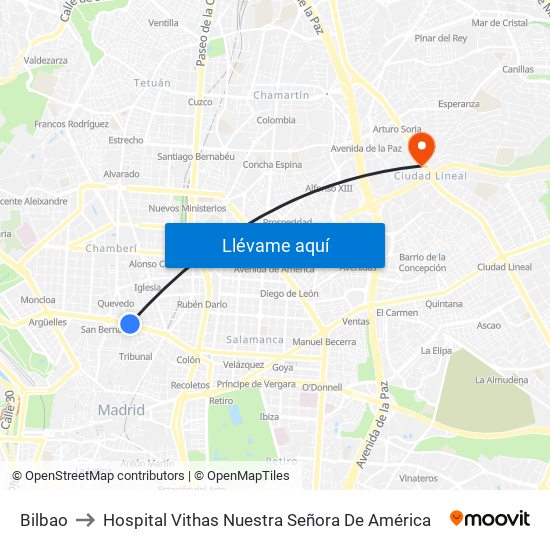 Bilbao to Hospital Vithas Nuestra Señora De América map