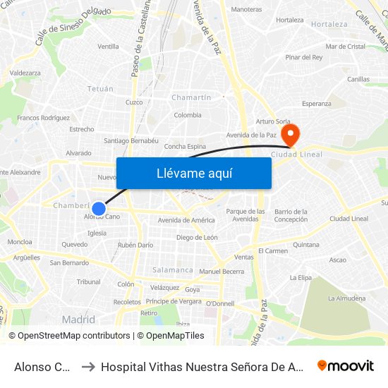 Alonso Cano to Hospital Vithas Nuestra Señora De América map