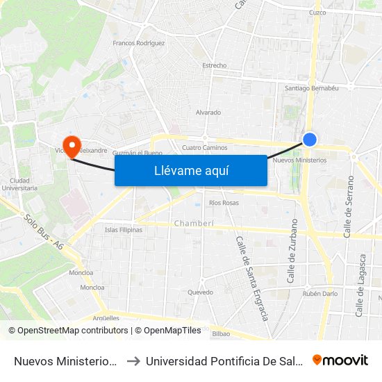 Nuevos Ministerios - Centro Comercial to Universidad Pontificia De Salamanca (Campus De Madrid) map