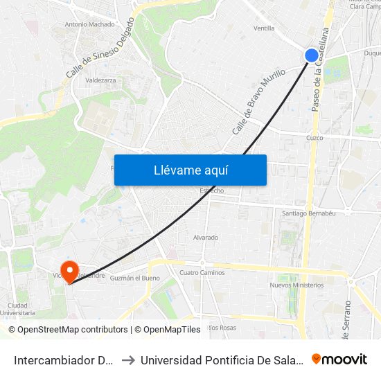 Intercambiador De Plaza De Castilla to Universidad Pontificia De Salamanca (Campus De Madrid) map