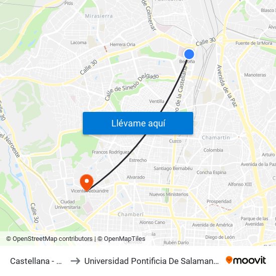 Castellana - Nudo Norte to Universidad Pontificia De Salamanca (Campus De Madrid) map