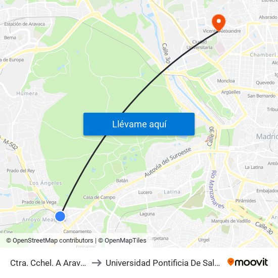 Ctra. Cchel. A Aravaca - Colonia Jardín to Universidad Pontificia De Salamanca (Campus De Madrid) map