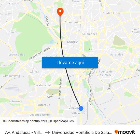 Av. Andalucía - Villaverde Bajo Cruce to Universidad Pontificia De Salamanca (Campus De Madrid) map