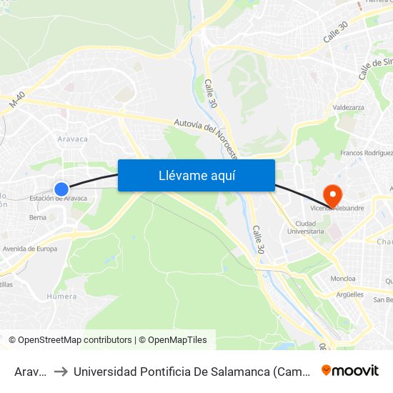 Aravaca to Universidad Pontificia De Salamanca (Campus De Madrid) map