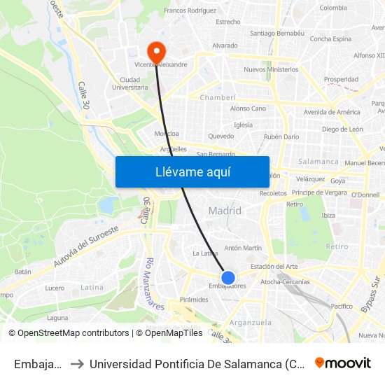 Embajadores to Universidad Pontificia De Salamanca (Campus De Madrid) map