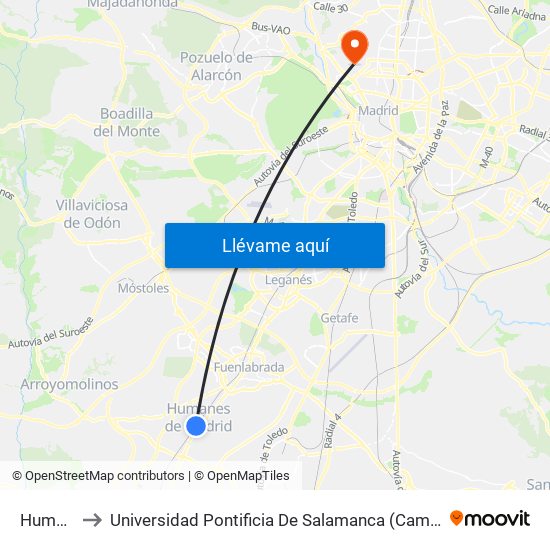 Humanes to Universidad Pontificia De Salamanca (Campus De Madrid) map