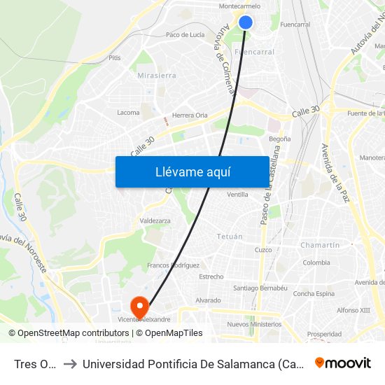 Tres Olivos to Universidad Pontificia De Salamanca (Campus De Madrid) map