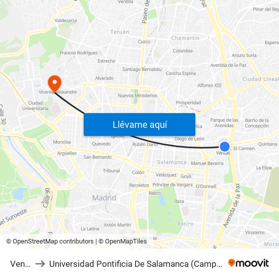 Ventas to Universidad Pontificia De Salamanca (Campus De Madrid) map