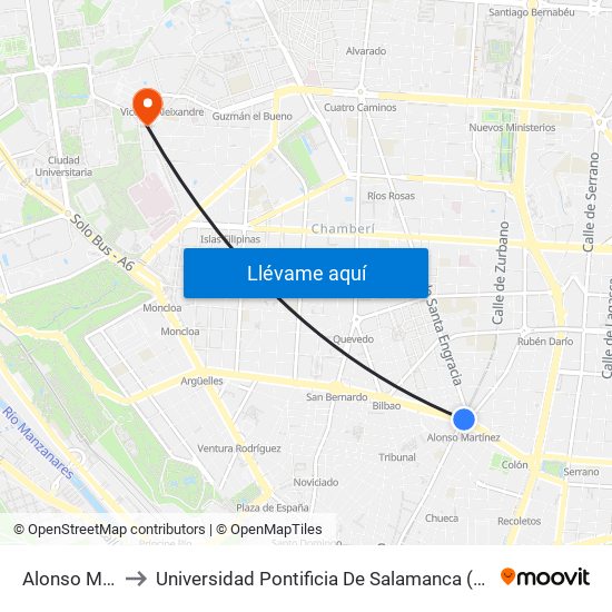 Alonso Martínez to Universidad Pontificia De Salamanca (Campus De Madrid) map