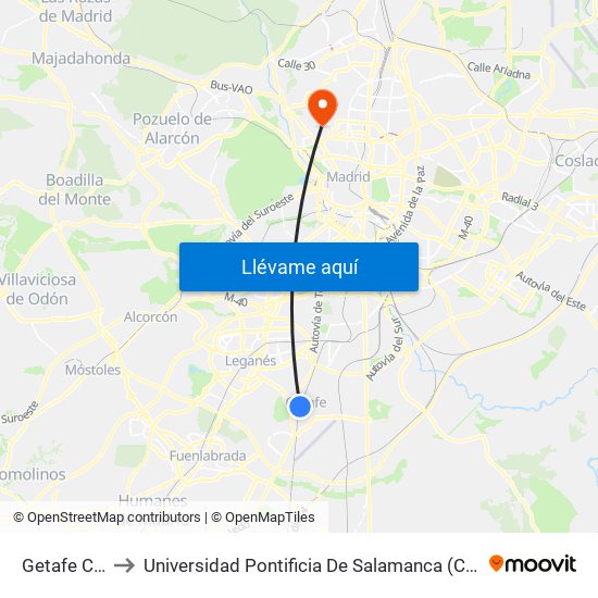 Getafe Central to Universidad Pontificia De Salamanca (Campus De Madrid) map