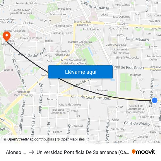 Alonso Cano to Universidad Pontificia De Salamanca (Campus De Madrid) map