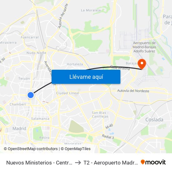 Nuevos Ministerios - Centro Comercial to T2 - Aeropuerto Madrid-Barajas map