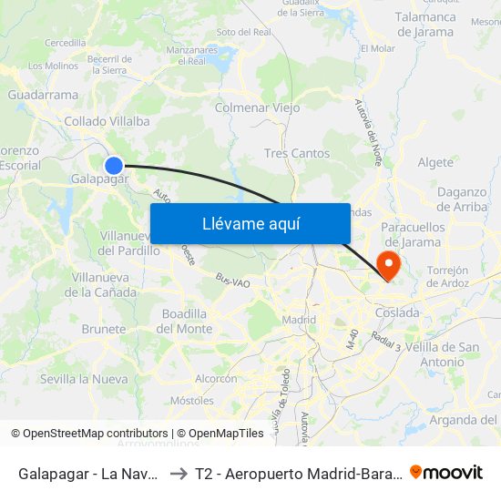 Galapagar - La Navata to T2 - Aeropuerto Madrid-Barajas map