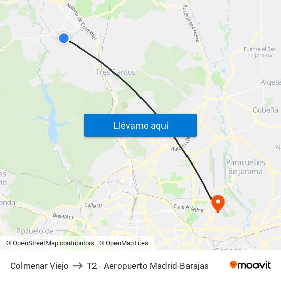 Colmenar Viejo to T2 - Aeropuerto Madrid-Barajas map