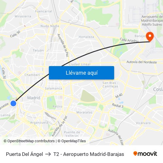 Puerta Del Ángel to T2 - Aeropuerto Madrid-Barajas map