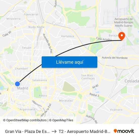 Gran Vía - Plaza De España to T2 - Aeropuerto Madrid-Barajas map