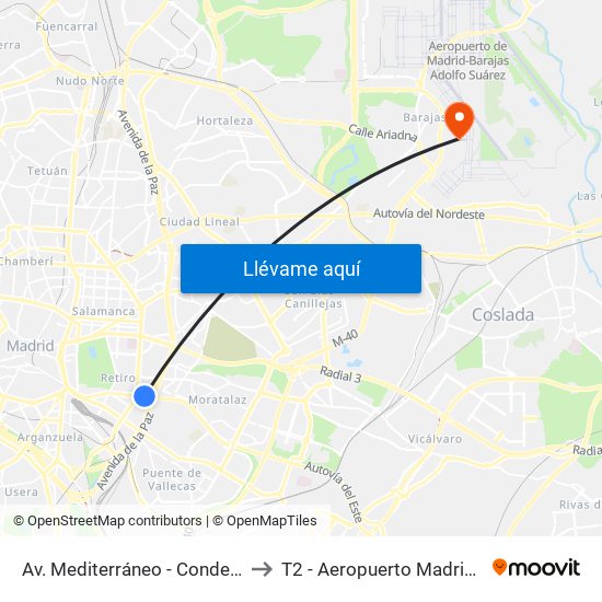Av. Mediterráneo - Conde De Casal to T2 - Aeropuerto Madrid-Barajas map