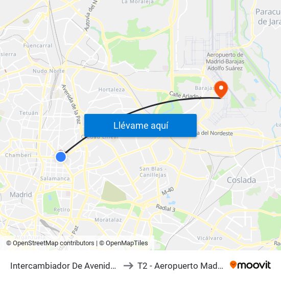 Intercambiador De Avenida De América to T2 - Aeropuerto Madrid-Barajas map