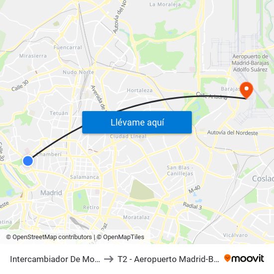 Intercambiador De Moncloa to T2 - Aeropuerto Madrid-Barajas map