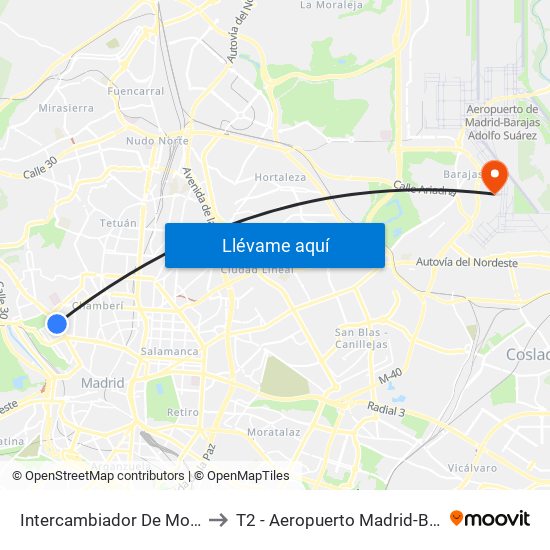 Intercambiador De Moncloa to T2 - Aeropuerto Madrid-Barajas map