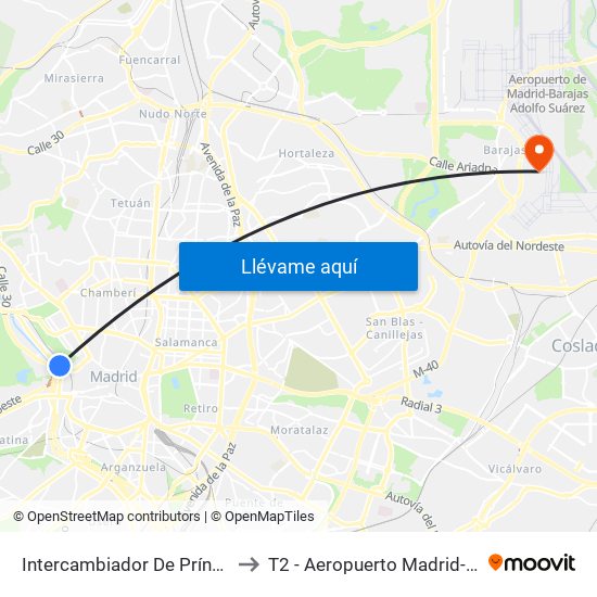 Intercambiador De Príncipe Pío to T2 - Aeropuerto Madrid-Barajas map