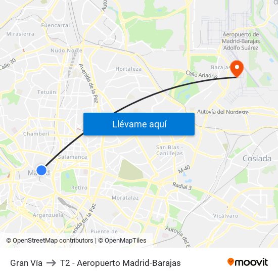 Gran Vía to T2 - Aeropuerto Madrid-Barajas map