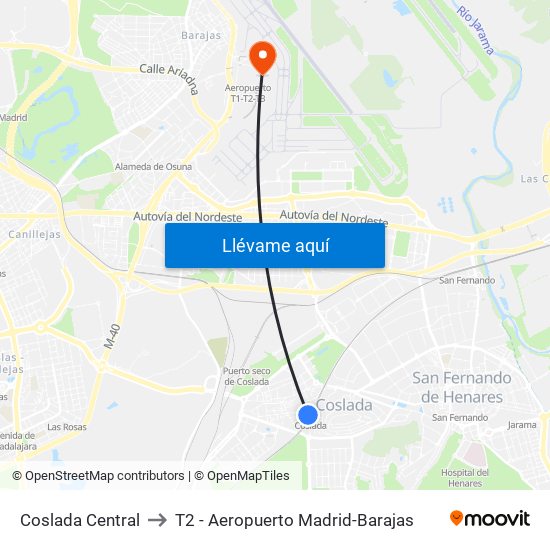 Coslada Central to T2 - Aeropuerto Madrid-Barajas map